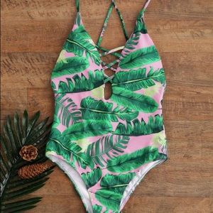 Palm Print Backless Plunge Padded Bathing Suit - L